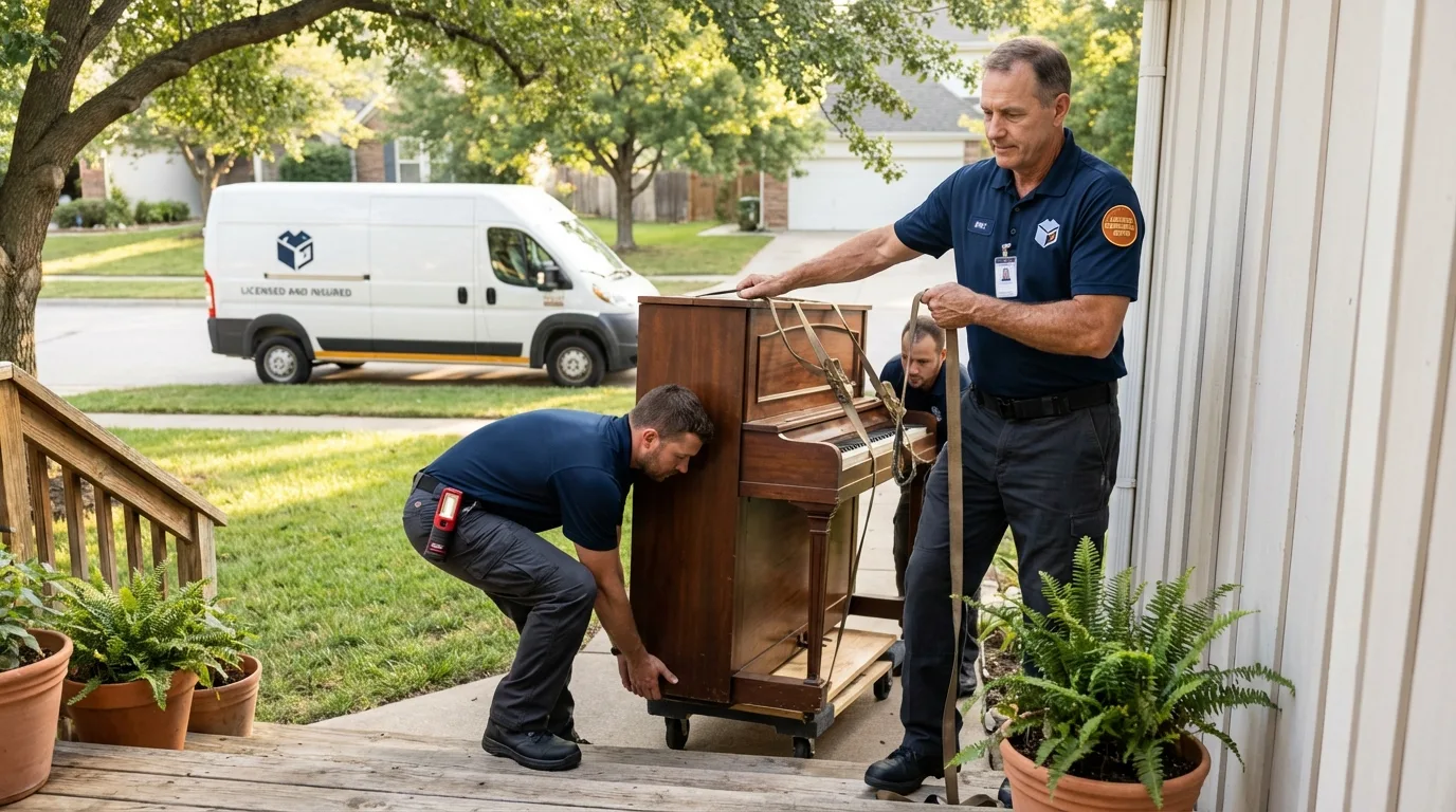 Licensed piano movers securing grand piano in Phippsburg, ME